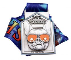 DOG DAYS OF SUMMER MEDAL 2.5" Die Struck Shiny Silver Medal, 3D Sculpted, Enamel Fill, Straight Loop, Custom 34" x 1 1/2" Ribbon