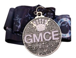 GMCE CROWN MEDAL 2" Die Struck Shiny Silver Medal, Regular Loop, Enamel Fill, Custom 34" x 1 1/2" Ribbon