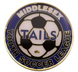 SOCCER COIN MYSL BACK 1.5” DIE STRUCK SHINY GOLD METAL, ENAMEL FILL