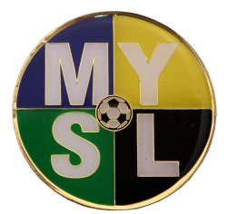 SOCCER COIN MYSL FRONT 1.5” DIE STRUCK SHINY GOLD METAL, ENAMEL FILL