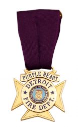 DETROIT FIRE DEPT BADGE, 2.5" DIE STUCK SHINY GOLD METAL, ENAMEL FILL, RIBBON