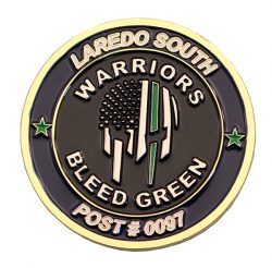 LAREDO SOUTH COIN BACK 1.5” DIE STRUCK SHINY GOLD METAL, ENAMEL FILL