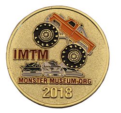 MONSTER MUSEUM TRUCK COIN BACK 1.75” DIE STRUCK SHINY GOLD METAL, ENAMEL FILL