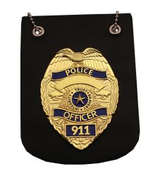 POLICE BADGE, 3" DIE STUCK SHINY GOLD METAL, ENAMEL FILL, CHAIN