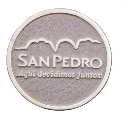 SAN PEDRO COIN FRONT 2” DIE STRUCK SHINY WHITE COLOR METAL, ENAMEL FILL