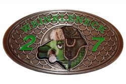 BELT BUCKLE, 4” DIE STRUCK SHINY SILVER METAL, ENAMEL FILL/SCREEN PRINT