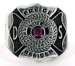 A silver police officer badge ring with a purple stone in the center. The badge reads "Deputy Sheriff State of Minnesota Washington County" with "Police Officer" at the bottom.