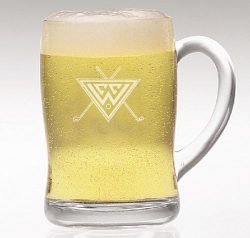 A glass beer mug filled with light beer showing foam at the top. The mug features an engraved logo with a triangular design and crossed lines.