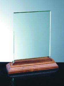 glass award with wood base