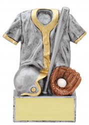 gold baseball trophy with helmet, bat and mit