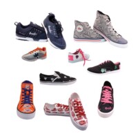 Various styles and colors of athletic shoes are arranged in a pattern against a white background.